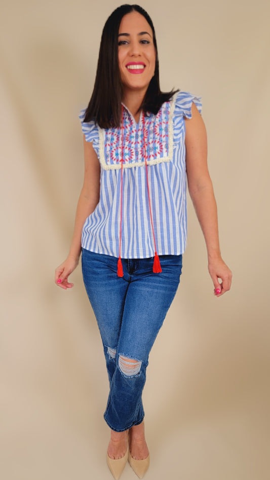 Striped Embroidered Top