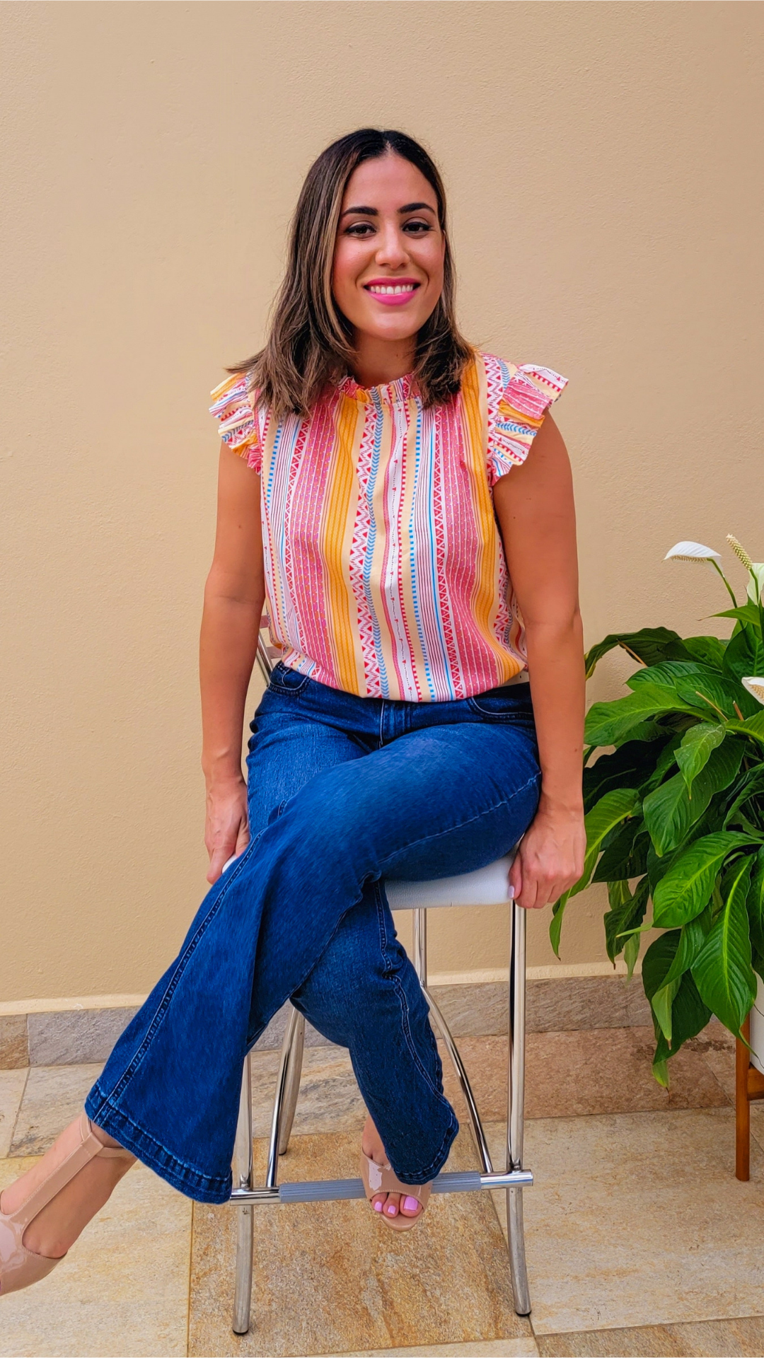 Aztec Ruffled Sleeveless Top