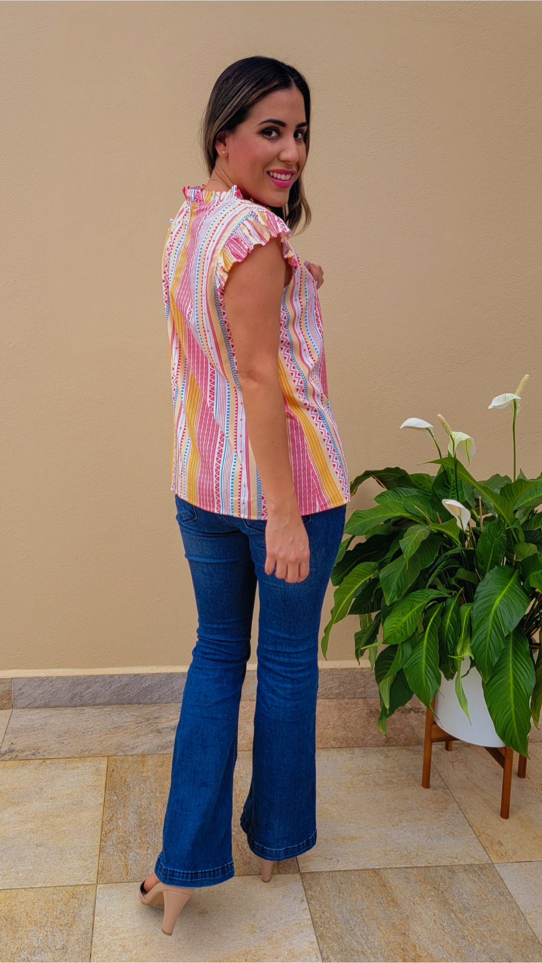 Aztec Ruffled Sleeveless Top