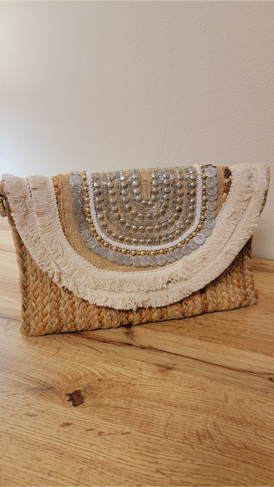 Handmade Embellished Jute Bag with Silver Details