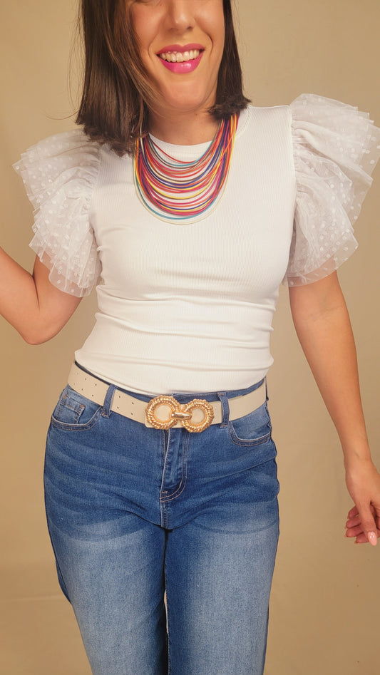 White Mesh Ribbed Top